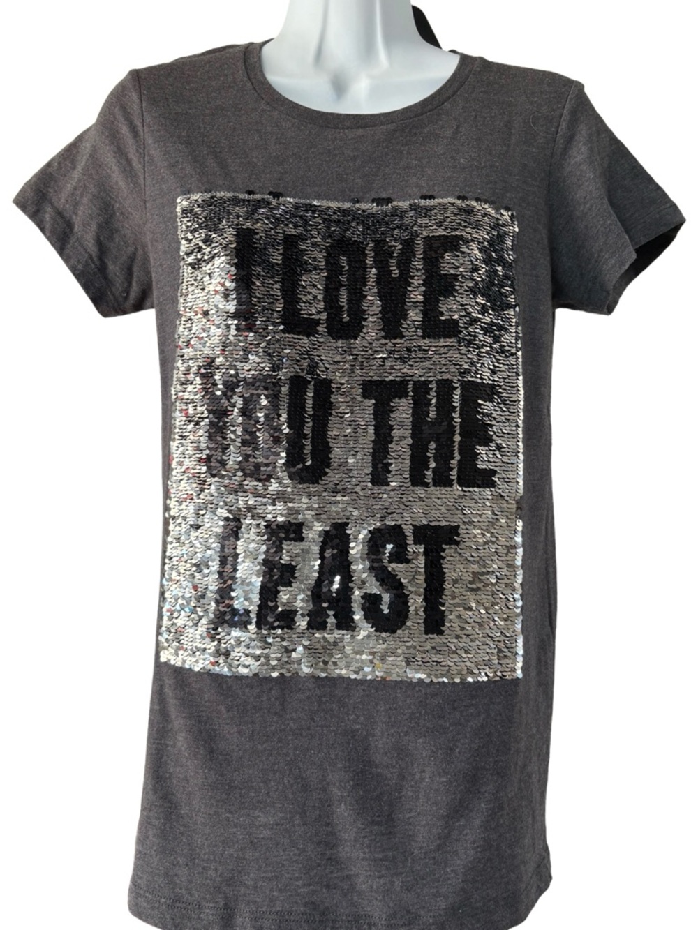 Gray Sequin Front Short Sleeve Tee - 'Love You The Most/Least'